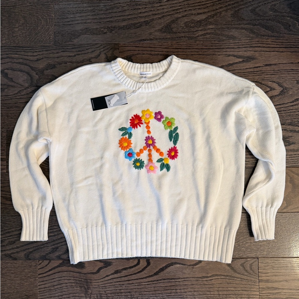 New With Tags Minnie Rose Cream Sweater with Floral Embroidered Peace Sign